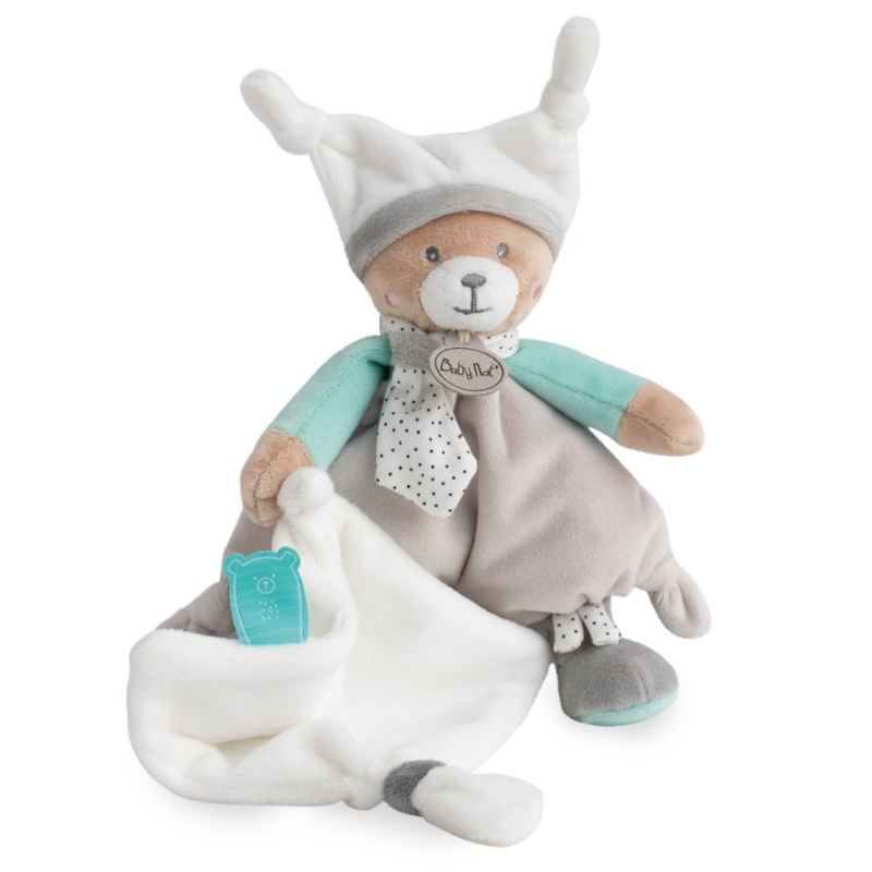 Polochon the bear soft toy with blue green grey 